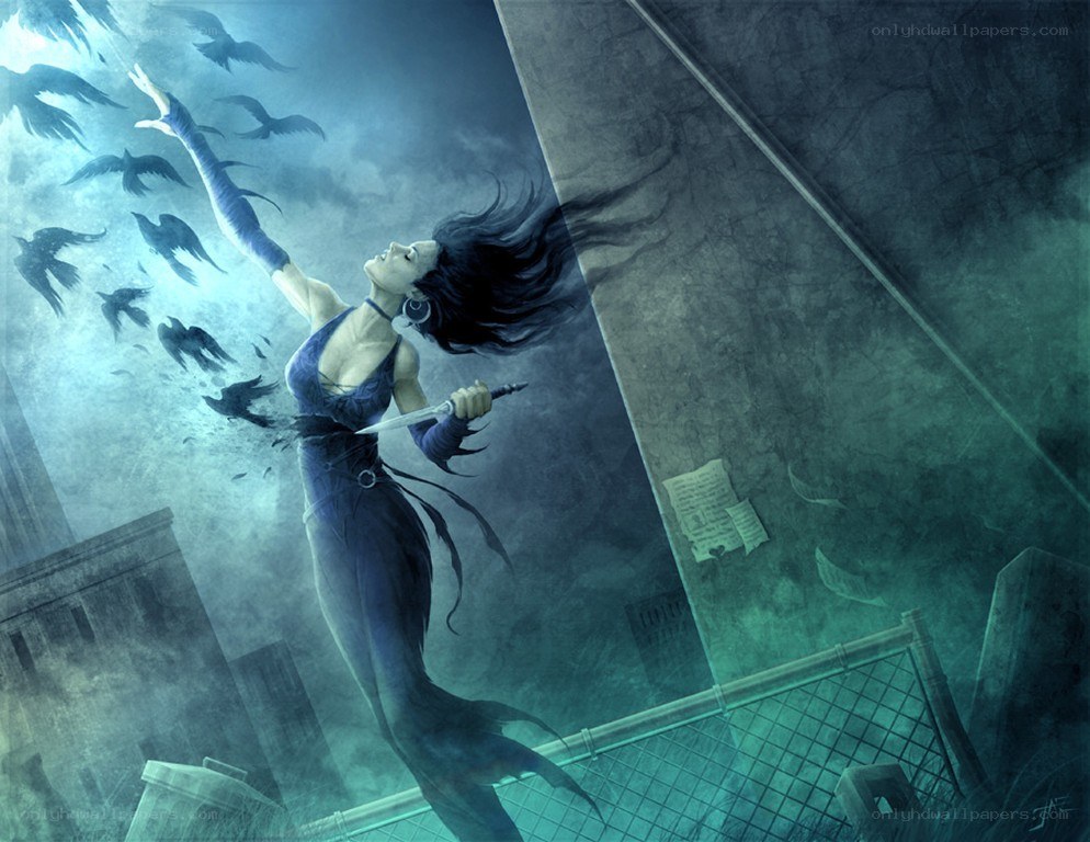 Woman with knife and crows