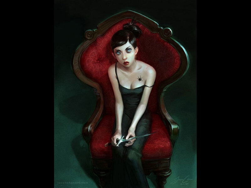 woman with knife in red chair