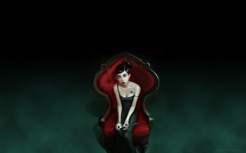 woman with knife in red chair