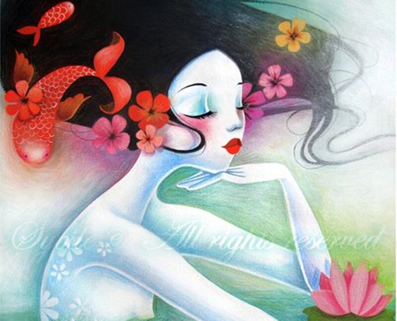 Woman with Koi Fish — White