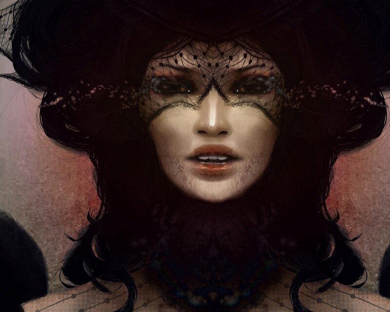 Woman with Lace Mask — Black, Dramatic, Digital Art
