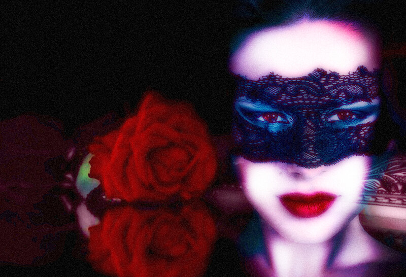 Woman with Lace Mask — Black, Dramatic, Night, Photograph, Red Rose