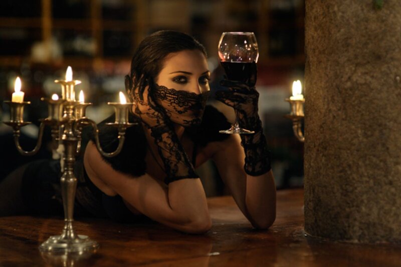 Woman with Lace Mask — Black, Dramatic, Night