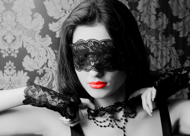 Woman with Lace Mask — Black, Dramatic, Photograph, Lace Gloves