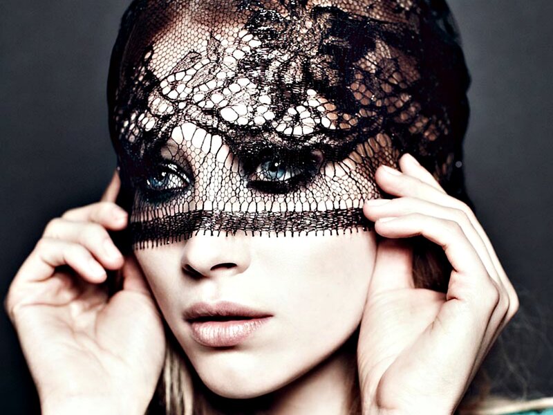 Woman with Lace Mask — Black, Dramatic, Photograph, Lace Mask, Hands