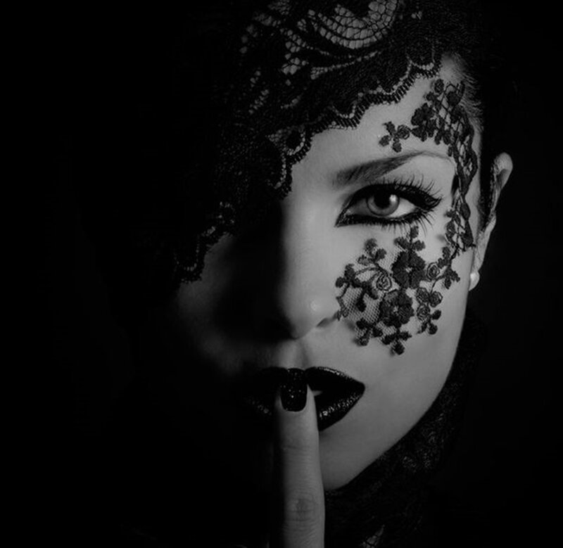 Woman with Lace Mask — Black, Dramatic, Photograph, Makeup