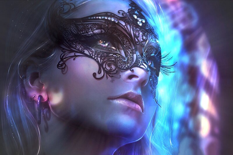 Woman with Lace Mask — Blue, Dramatic, Digital Art