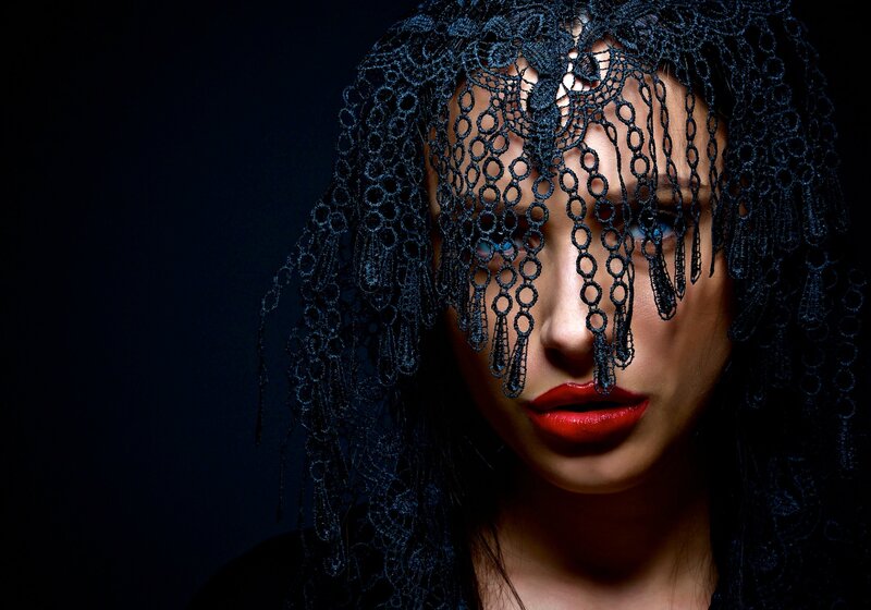 Woman with Lace Veil — Black, Dramatic, Night
