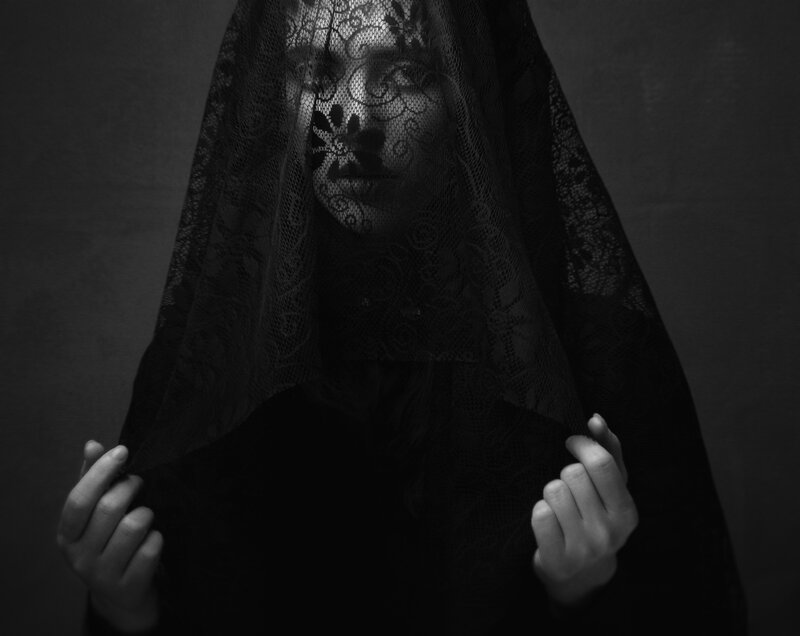Woman with Lace Veil — Black, Dramatic, Photograph, Hands