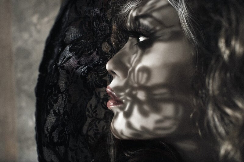 Woman with Lace Veil — Black, Dramatic, Photograph, Lace Veil, Shadow