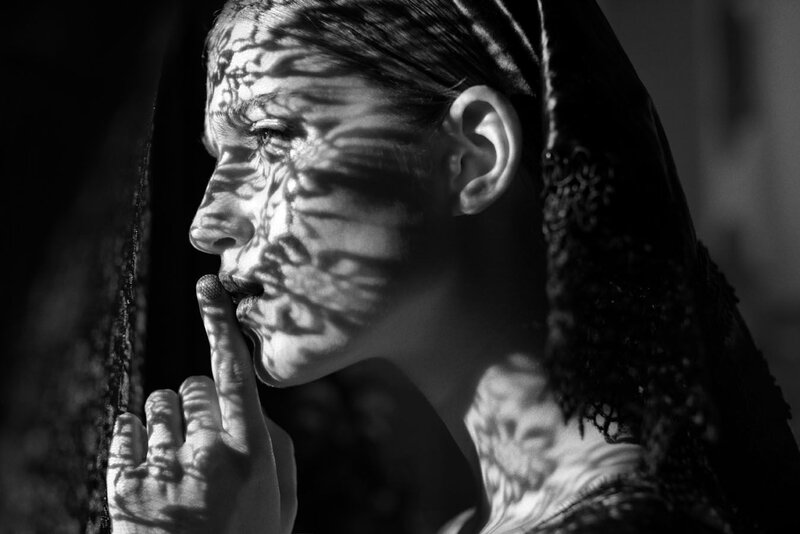 Woman with Lace Veil — Black, Dramatic, Photograph, Shadow
