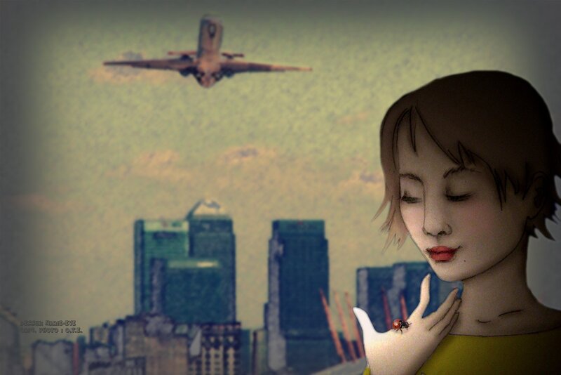 woman with ladybug in city
