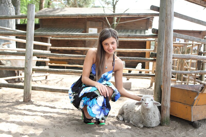 Woman with lamb at farm