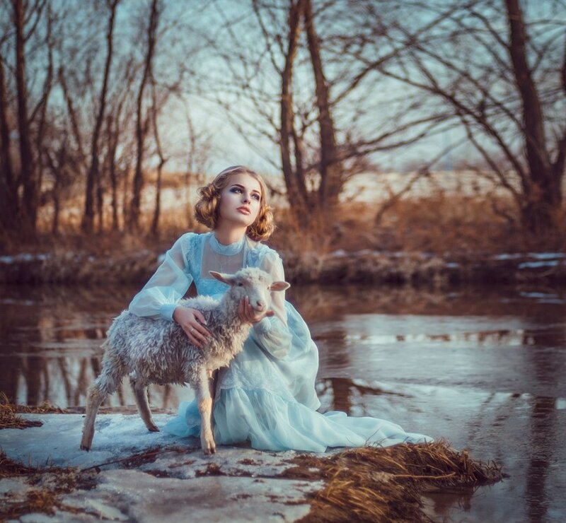 Woman with Lamb — Blue