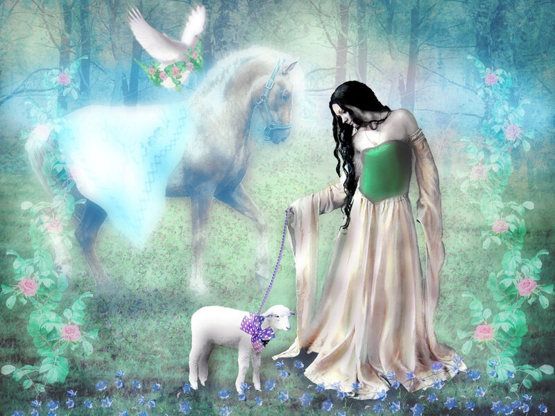 Woman with Lamb in Forest