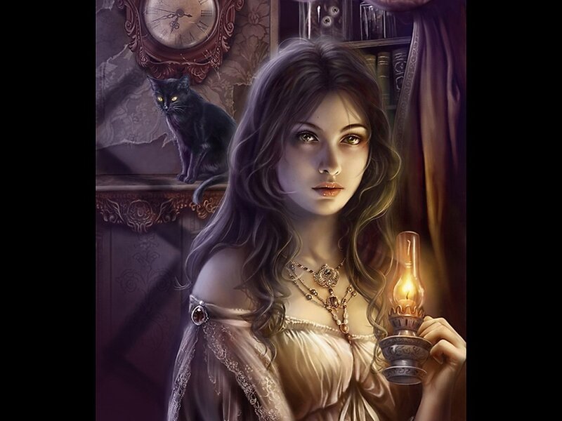 Woman with lamp and black cat