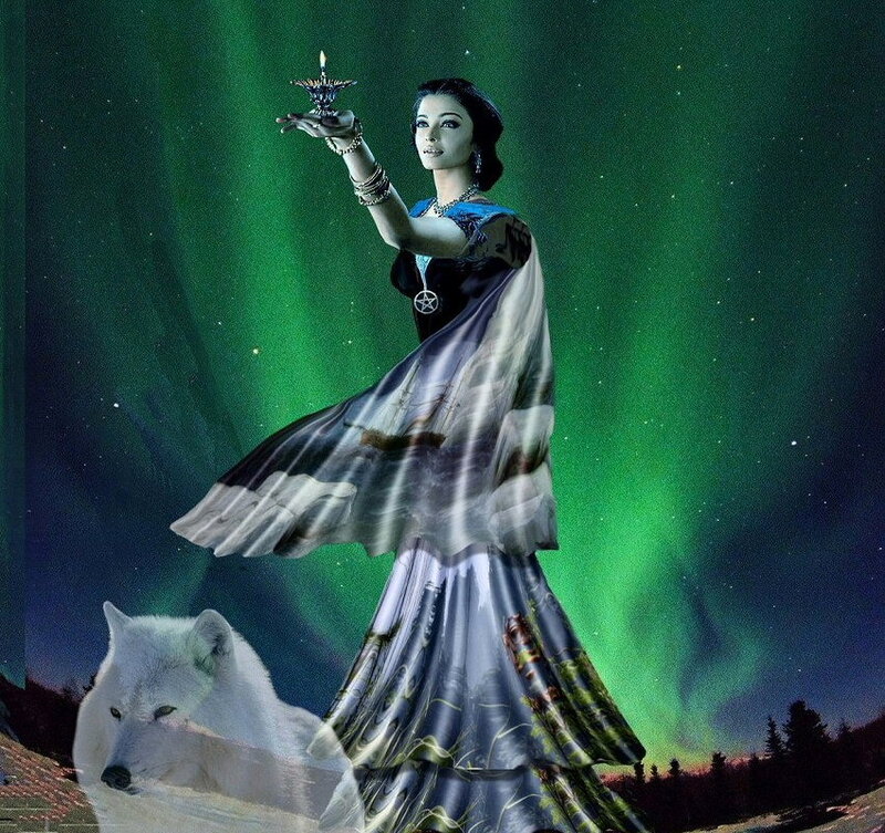 woman with lamp and wolf