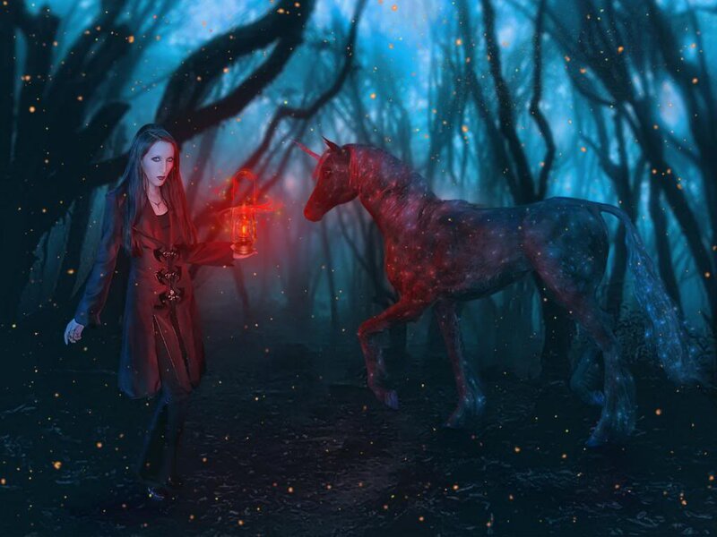 Woman with Lantern and Unicorn