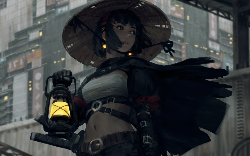 Woman with Lantern — Black, Dramatic, Night, Digital Art