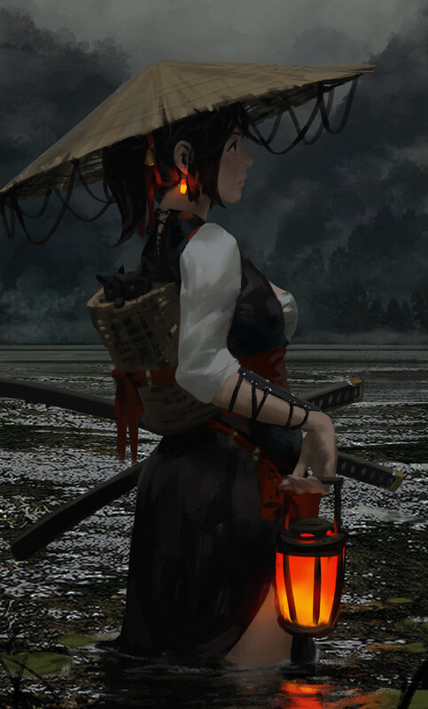 Woman with Lantern — Black, Dramatic, Night
