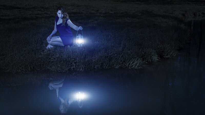 Woman with Lantern — Blue, Dramatic, Night