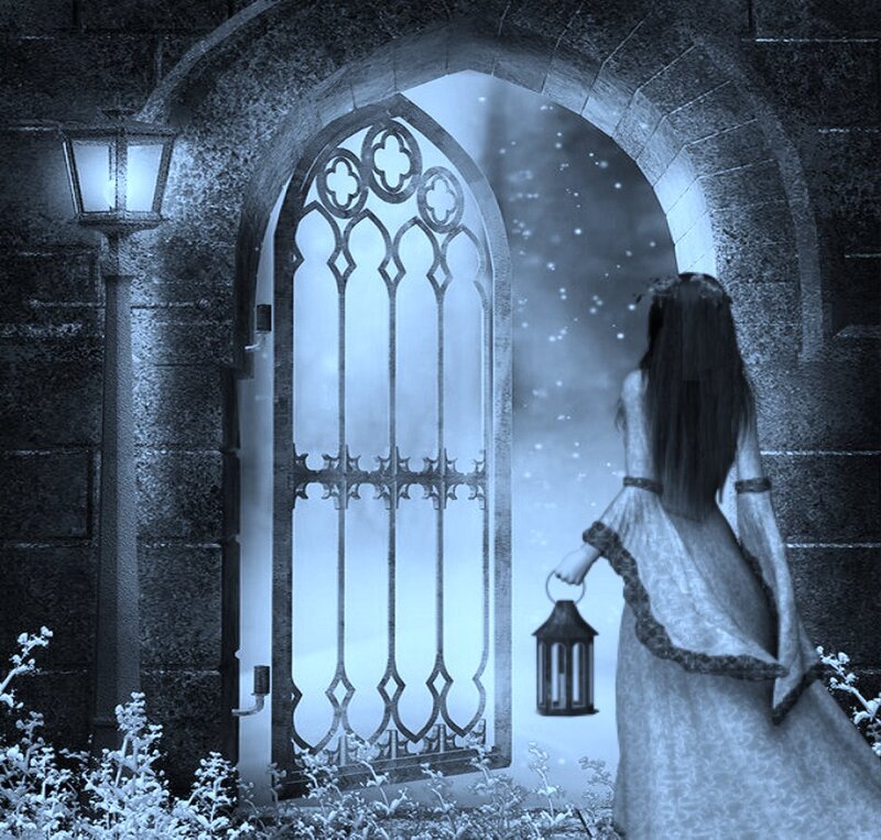 Woman with Lantern — Blue, Mysterious