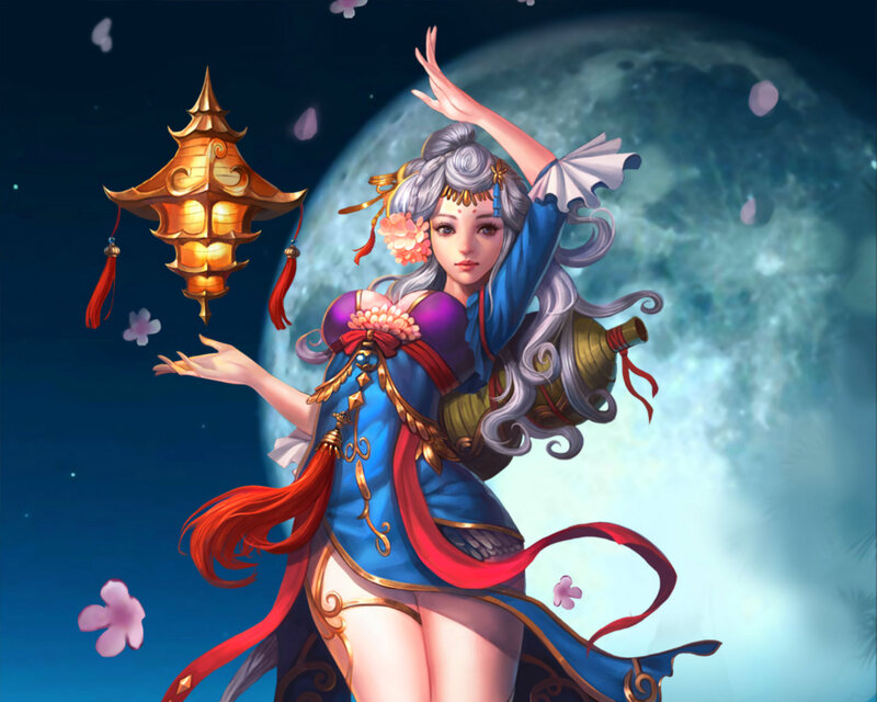 Woman with Lantern — Blue, Serene, Night