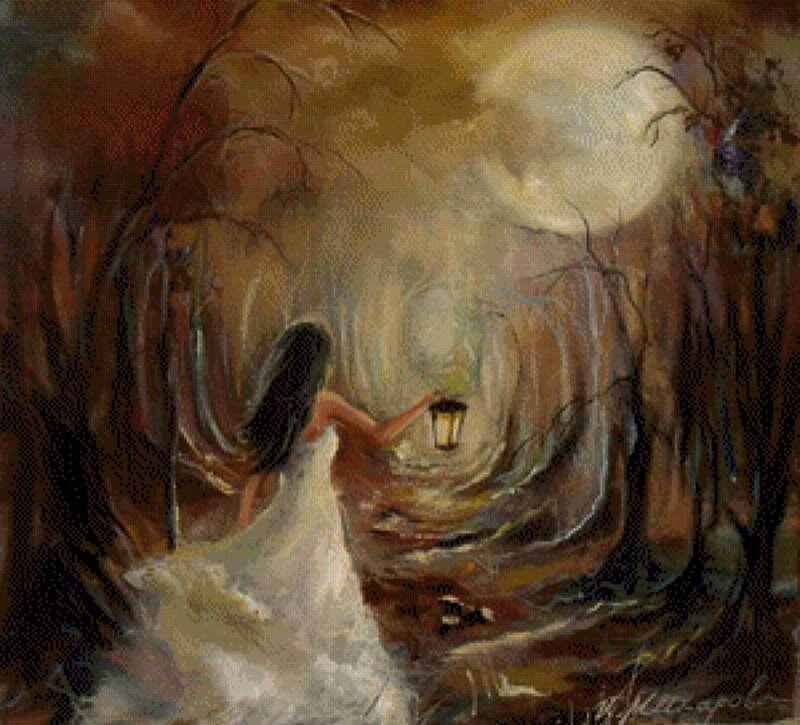 Woman with Lantern — Brown, Mysterious