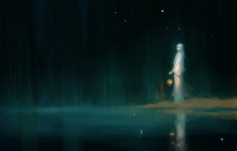 Woman with Lantern — Dark Blue