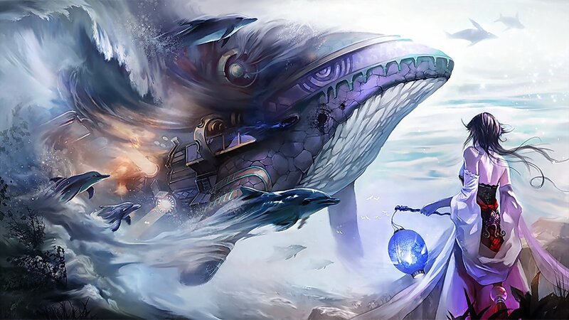 woman with lantern facing whale
