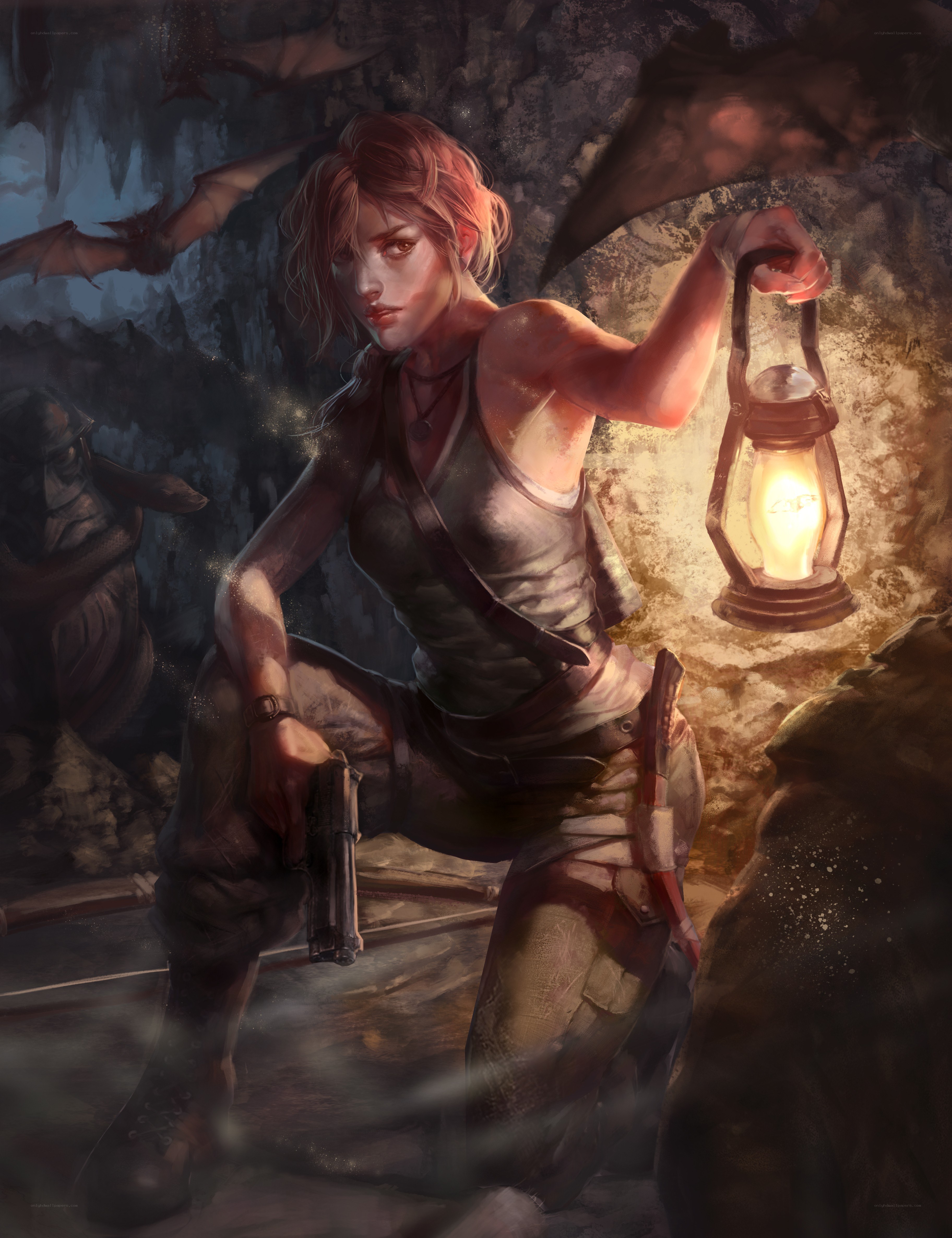 Woman with lantern in cave