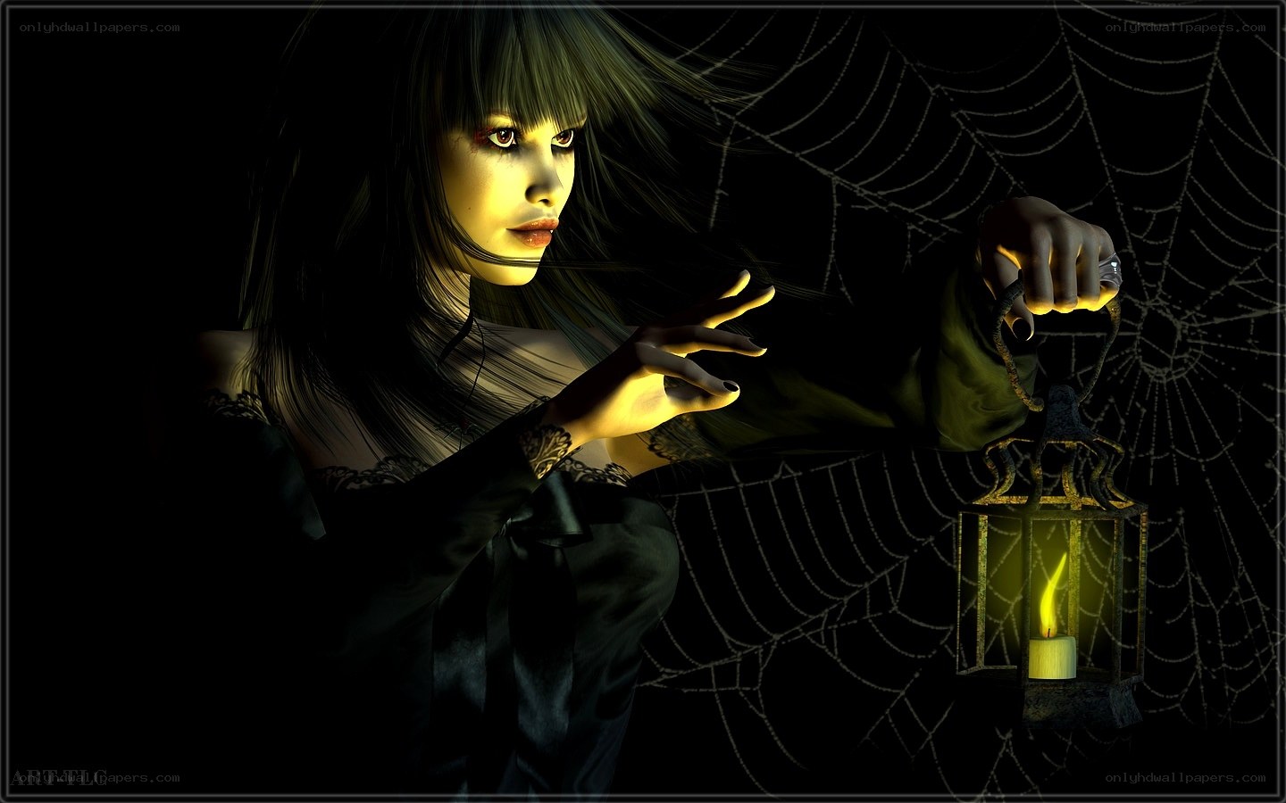 woman with lantern in cobweb