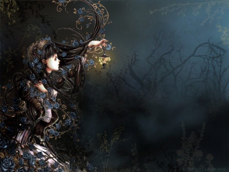 woman with lantern in dark forest