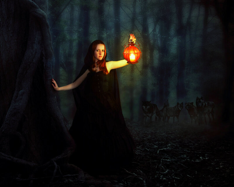 Woman with Lantern in Forest — Black
