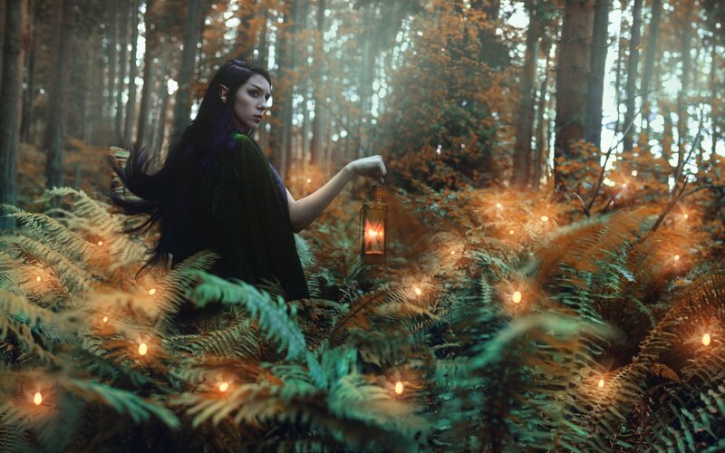 Woman with Lantern in Forest — Green