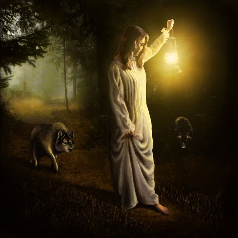 Woman with Lantern in Forest — Yellow