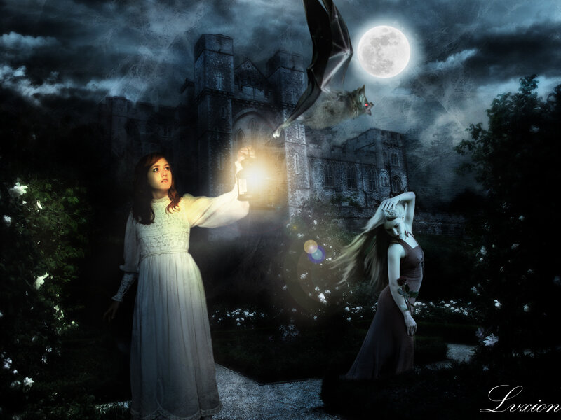 Woman with Lantern in Garden