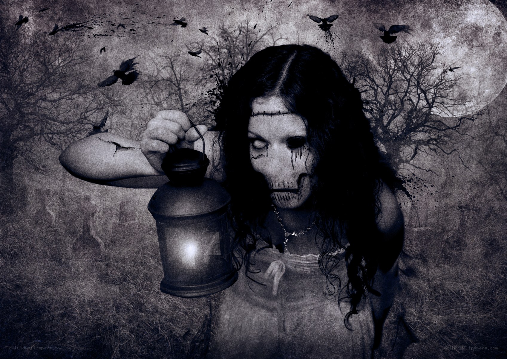 woman with lantern in graveyard