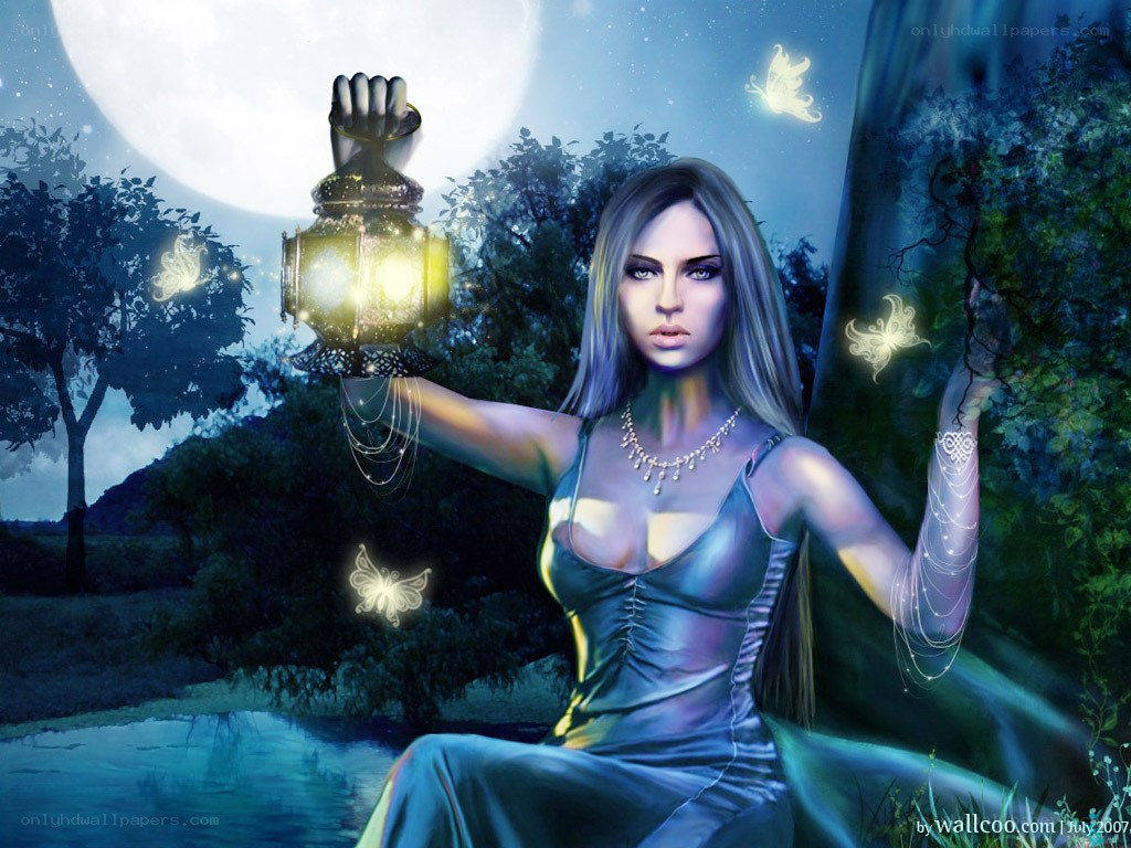 woman with lantern in moonlight