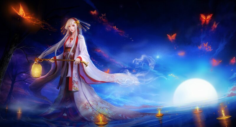 Woman with lantern in night scene