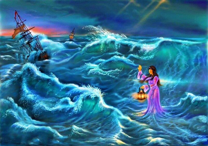 Woman with Lantern in Storm