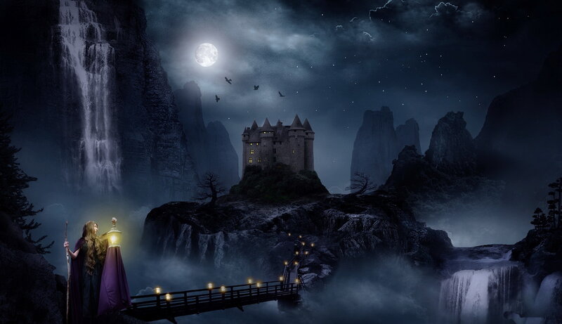 Woman with Lantern on Bridge