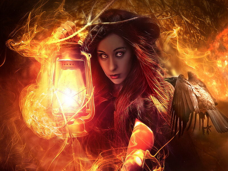 Woman with Lantern — Orange, Dramatic, Night, Digital Art