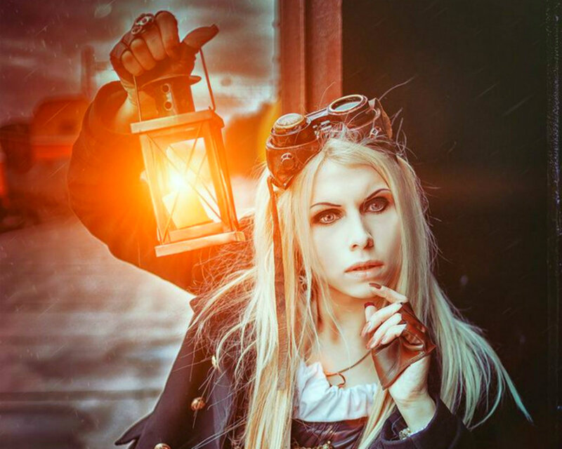 Woman with Lantern — Orange, Dramatic, Night, Photograph