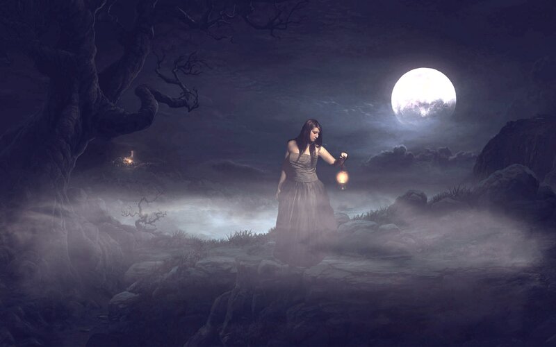 Woman with Lantern — Purple, Mysterious, Night