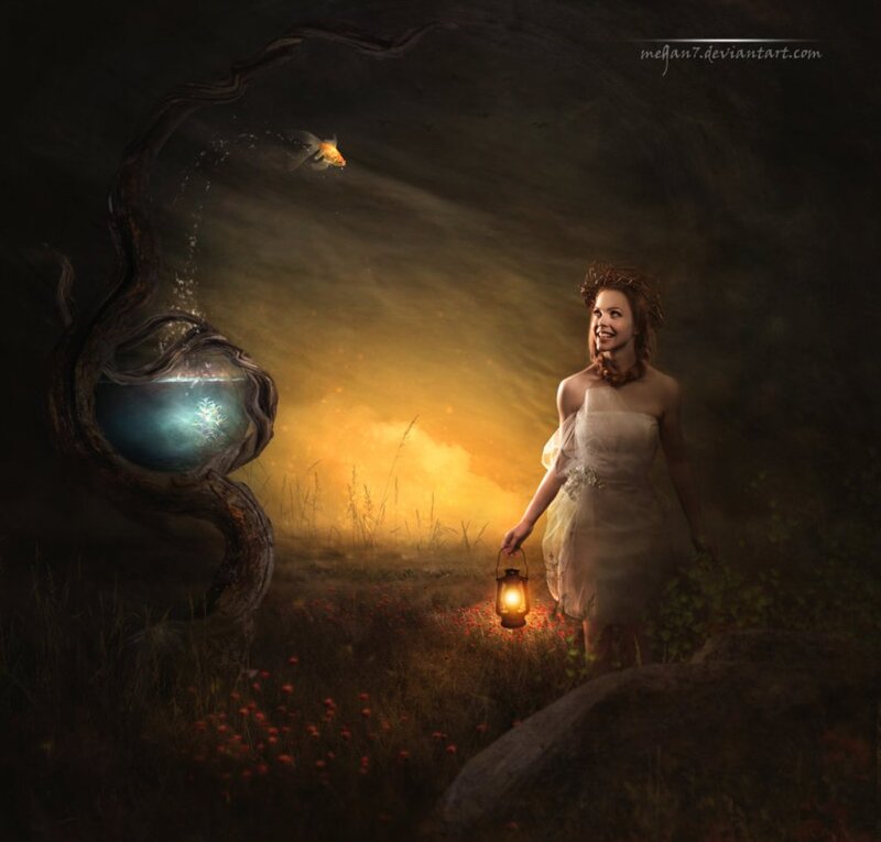 Woman with Lantern — Yellow, Dramatic, Night