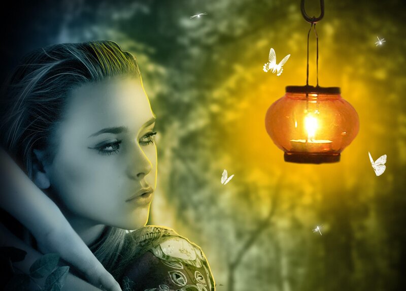 Woman with Lantern — Yellow, Dreamy