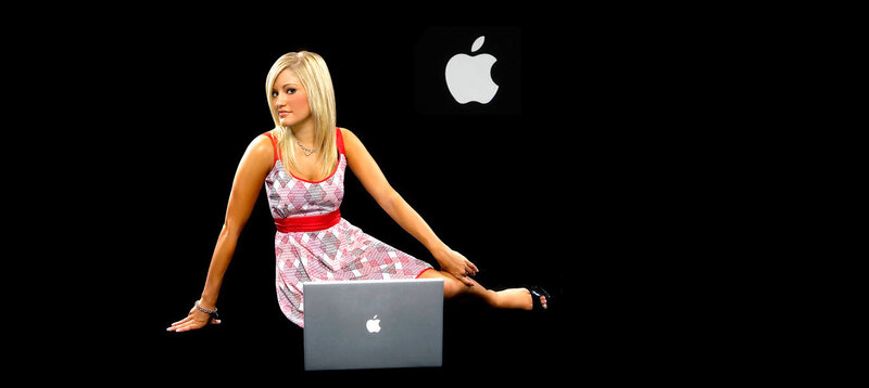 woman with laptop and apple logo