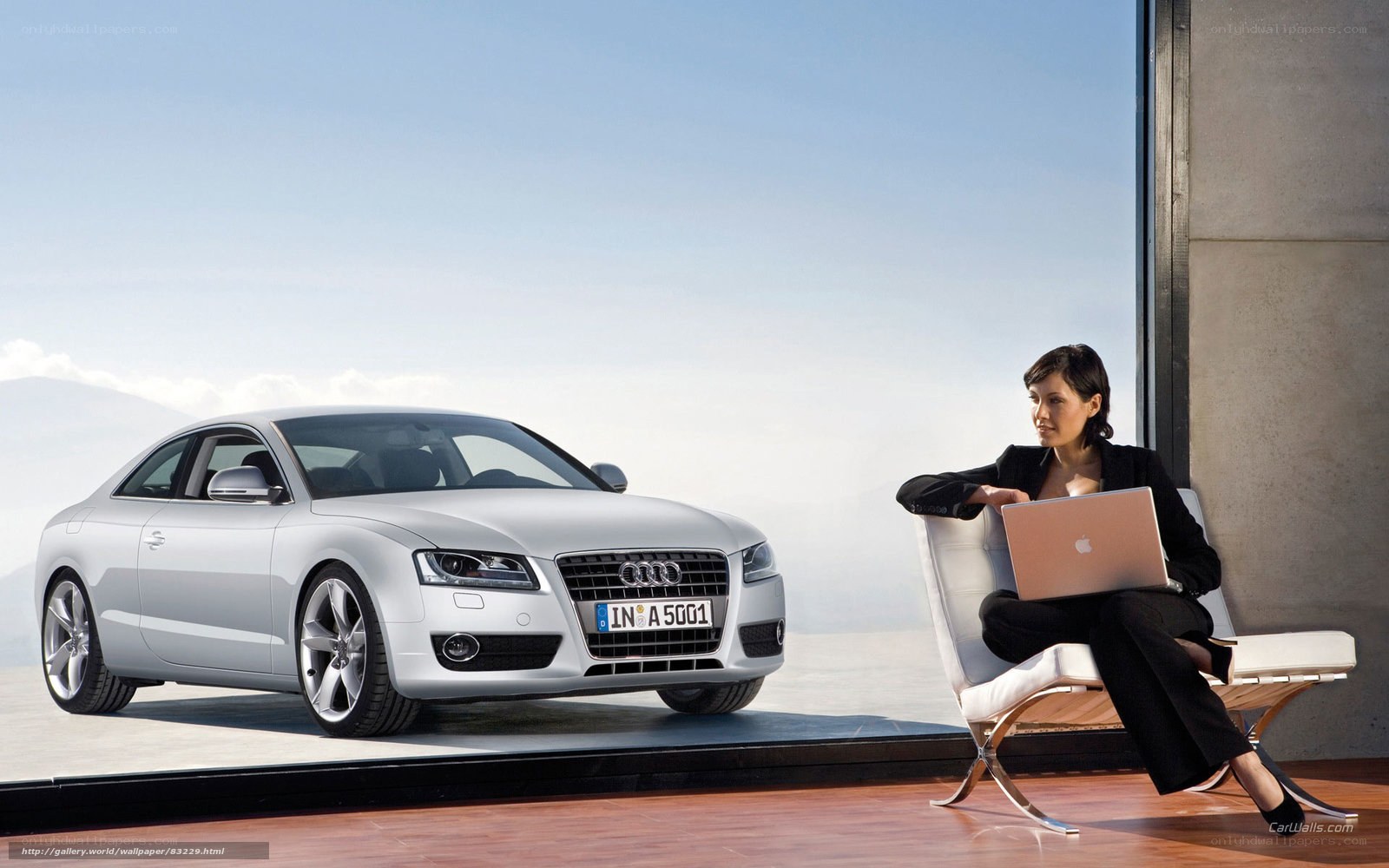 Woman with laptop near silver Audi