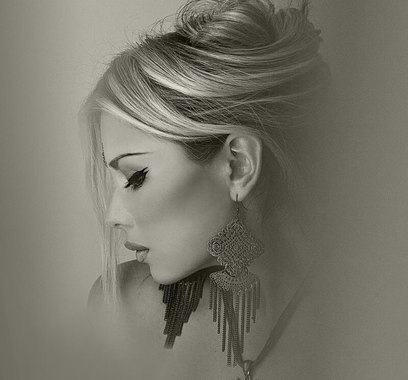 Woman with Large Earrings — Gray, Dramatic